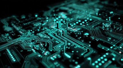 Close-up view of an intricate circuit board design illuminated in teal colors showcasing technology in action