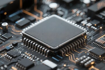 Modern Computer Processor Chip on Circuit Board Macro Shot