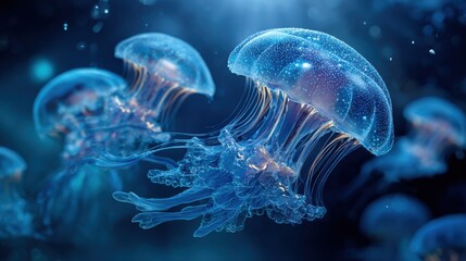 Colorful jellyfish swimming gracefully in the deep ocean waters during a serene underwater scene at twilight