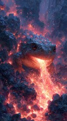 Majestic lava-spewing frog emerges from volcanic rocks in a surreal landscape at dusk