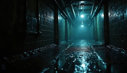 Dark, wet underground tunnel with pipes overhead and water dripping. Dim lights glow at the end of the corridor creating a mysterious, spooky atmosphere for horror themes.