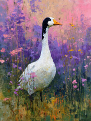 Beautiful white swan stands gracefully among colorful wildflowers in a vibrant spring landscape at sunset