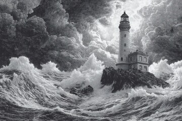 Stormy seas surround a tall lighthouse standing firm on a rocky shore during a dramatic weather event at dusk