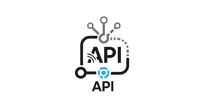 A graphic of the api logo with a network connection and a blue circle on a white background ai generated