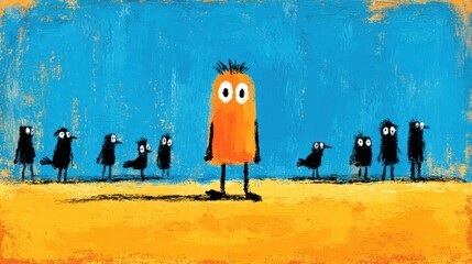 Bright orange character stands out among dark bird silhouettes on a sunny day in a colorful landscape