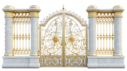 ornate gold and white metal gate with decorative isolated on white background, png, ai generated