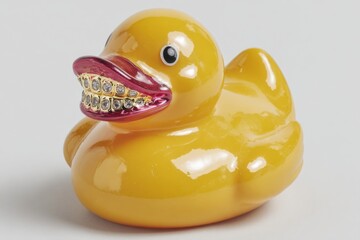 Unique rubber duck with shiny golden grill decoration showcases creativity and fun in quirky design suitable for playful settings