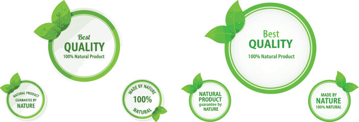 Best Quality 100% Natural Product Green Vector Labels with Leaves | Organic Food and Cosmetics Marketing Material