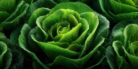 Fototapeta premium Fresh green romaine lettuce heads growing in a garden during daylight with rich textures and vibrant colors