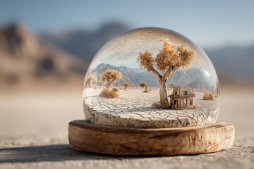 Unique snow globe displays a dry landscape with cracked earth, a solitary tree, and a small house, capturing a moment of stillness in nature