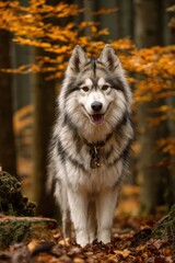 Majestic dog stands proudly in a colorful autumn forest surrounded by trees and fallen leaves