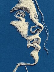 Intricate sewing art of a woman's profile against a vibrant blue background showcasing delicate thread details