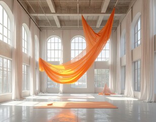 Yoga room with hanging orange fabric