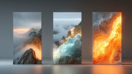 Three panels showcasing different natural landscapes with fog, ice, and molten lava in a modern gallery setting