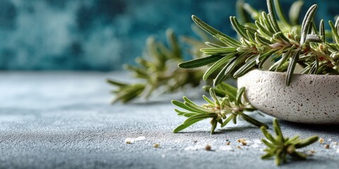 Fresh rosemary sprigs and coarse salt arranged on a textured surface with a blue background in a cozy kitchen setting