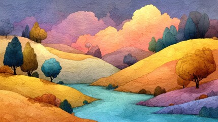Colorful landscape with rolling hills, a winding river, and a vibrant sky at sunset