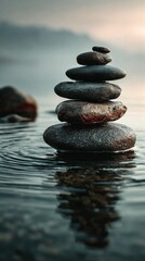 Balanced stones create a serene tower above calm water at sunrise with mist rising in the background near a tranquil lake