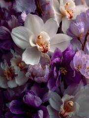 Beautiful arrangement of white and purple orchids in a floral display at a vibrant spring garden