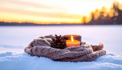 Candle, pinecone, scarf in snow