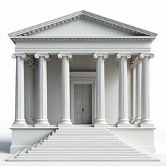 Obraz premium White classical building facade many tall Ionic pillars, triangular pediment. Wide stairs lead to grand entrance door. Architecture government, law, education, finance, history. Structure stands