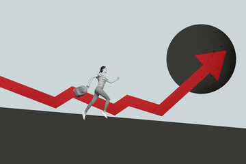 Collage showing creative concept of business growth and success with over rising arrow chart goal aim hitting center