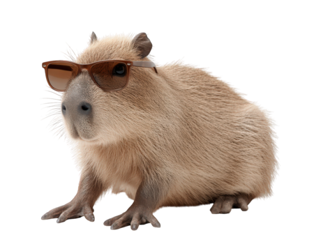 Funny capybara wearing cool brown sunglasses with relaxed, humorous expression. Isolated animal clipart showing chill rodent on transparent background for design