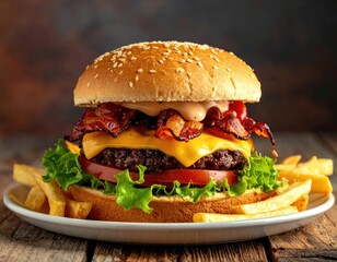 Cheeseburger, bacon, and fries on plate