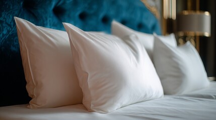 White pillows and duvet on the blue bed. White pillows, duvet and duvet case on a blue bed. White bed linen on a blue sofa. Bedroom with bed and beddin.Front view