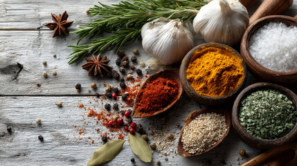 Assorted spices and herbs arranged on a rustic wooden surface top view.