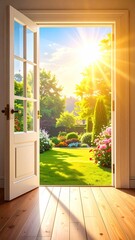 Open door to a vibrant garden view