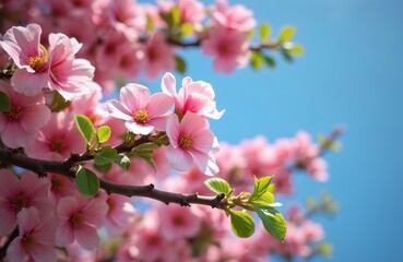 Obraz premium Dogwood flowers with pink petals bloom against a clear blue sky. Flora blossoms on tree branches. Floral petals in soft light create calm nature scene for springtime mood.