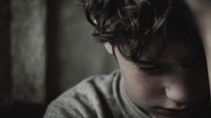 Young boy in pain, lonely crying. 