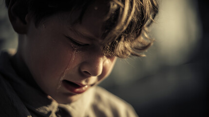 Young boy in pain, lonely crying. 