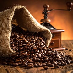 Burlap sack spills roasted coffee beans