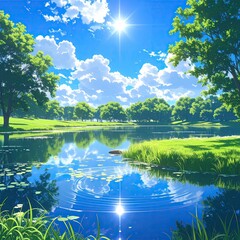 Sunny, cloud-filled sky above pond scenery