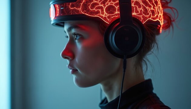 Young person wears futuristic headset with glowing brain signals. Headphones connect to device for cognitive enhancement. Exploring mind tech.