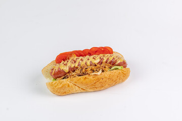 Full view of hot dog with sausage, onions, tomatoes, and sauce.