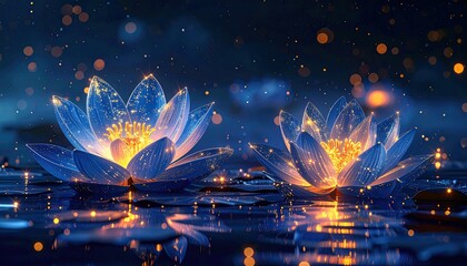 Ethereal blue lotus flowers shimmer