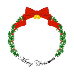 Christmas Wreath with Red Bow and Bells. Merry Christmas Card Border. Festive Christmas Greeting Frame.