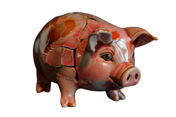 Broken Savings: A damaged piggy bank reveals financial fragility and lost savings in a stylized depiction.