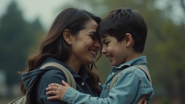 A cinematic, emotionally charged scene capturing a bittersweet moment as a mother bids farewell to her child on the first day of school.