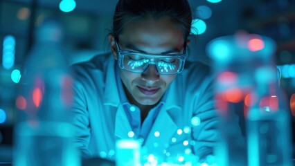 Scientist in a cutting-edge laboratory at the moment of breakthrough discovery. Glowing digital interfaces, holographic data, and sparkling chemical reactions