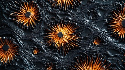 Intricate pattern of dark, textured flowers with glowing orange centers, creating a mesmerizing and organic design
