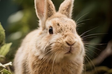 Cute fluffy brown rabbit in green garden natural light outdoor portrait
