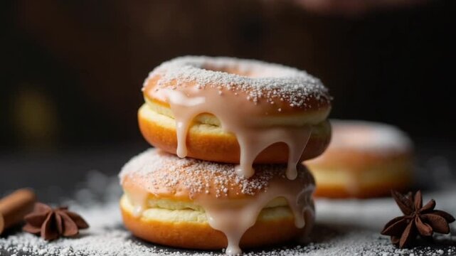 Stacked donuts with icing and powdered sugar create a sweet treat indulgence