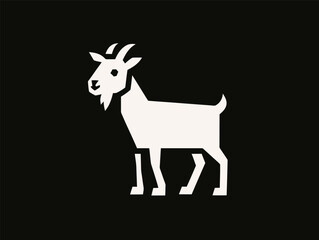 Obraz premium A minimalist design features a goat outlined in white on a solid black background. The goat stands proudly, showcasing its distinct horns and body shape.