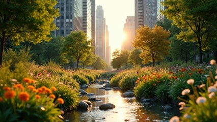 Fototapeta premium Small urban park that has blossomed amidst a concrete jungle. Lush greenery, blooming flowers, and gently trickling water contrast sharply against surrounding skyscrapers. .