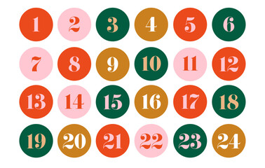 Colorful numbered circles from 1 to 24 arranged in rows. Flat vector template for advent calendar or countdown design. Christmas holiday concept.