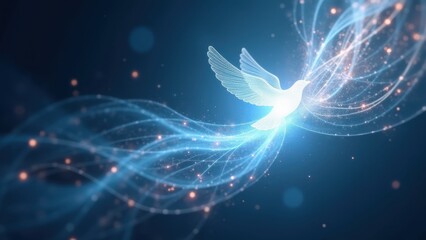 Abstract glowing minimalist dove, spiraling light trails, and ethereal bursts of color to represent the dynamic and ever-present nature of the Holy Spirit.