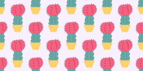 Seamless pattern with cacti in yellow pots. Trendy botanical design for textiles, wallpapers, backgrounds, gift wrap, packaging, stationery.